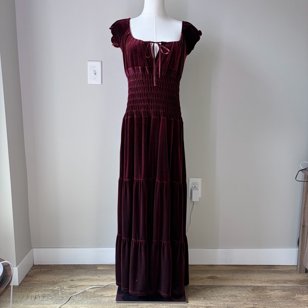 Boston Proper Deep Red Velvet Peasant Maxi Dress
